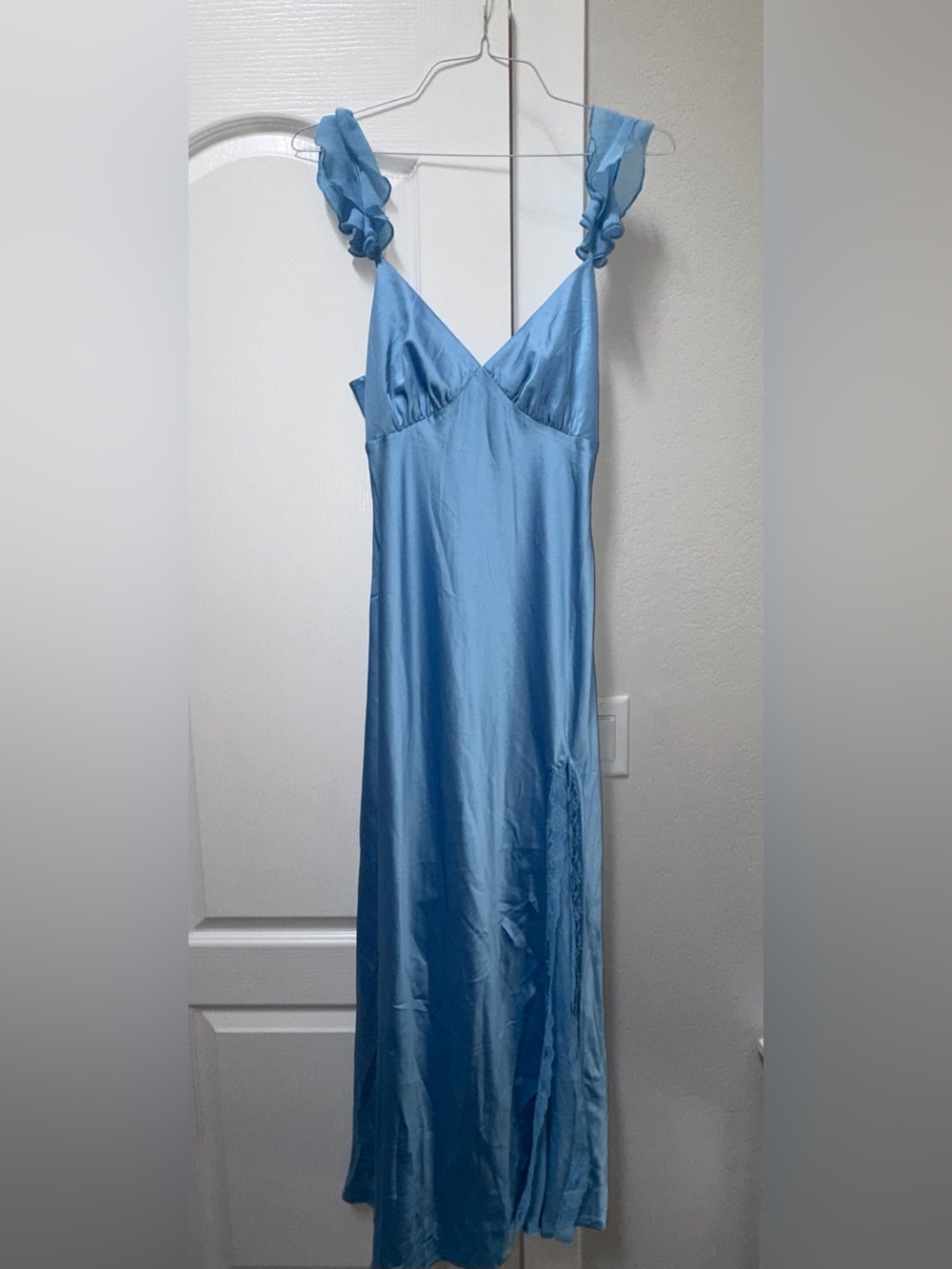Beginning Boutique Sky Blue Satin Maxi with Ruffle Straps
